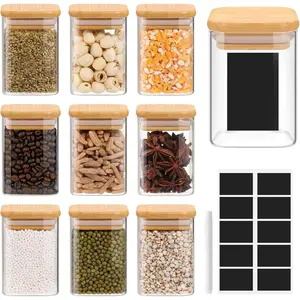 THE WELL KEPT Glass Spice Jars  Bamboo Lids - 9 Oz Small Square Storage Jars  Airtight Lids Clear Pantry Food Storage Containers Glass Canister Set  Labels for Kitchen Coffee Sugar Flour(Set Of 10)