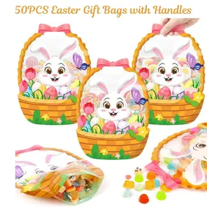 50PCS Easter Gift Bags with Handles, Resealable Plastic Bunny Goodie Bags, Ziplock Candy Treat Bags for Easter Party Favors, Basket Stuffers