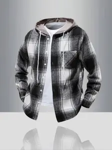 Men's Plaid Patchwork Hooded Long Sleeve Fitted Shirt, Casual Design with Front Button Closure, Perfect for Daily Wear & Outdoor Activities