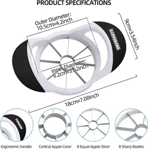 3.5 Inch Apple Slicer - Professional Apple Cutter - Stainless Steel Apple Corer - Super Sharp Apple Slicer and Corer - Apple Tool with 8 Sharp Blades(Black)