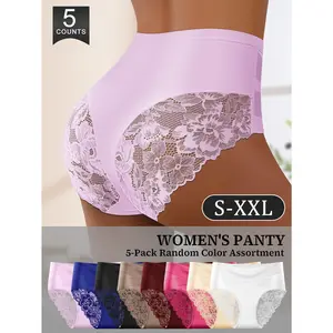 QUASTI 5-Pack Random Color Women's Underwear, High Waisted Milk Silk Lace Panties, Cross Design Sexy Comfy Breathable Intimates for Daily Wear, S-XXL Polyester Soft