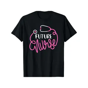 1pc Future Nurse Graphic T-Shirt - High Stretch 100% Cotton Crew Neck Tee with Stethoscope Design & Pink Cursive Lettering - All-Season Comfort Casual Shirt for Nursing Students & Aspiring Nurses - Black, Casual graphic tee