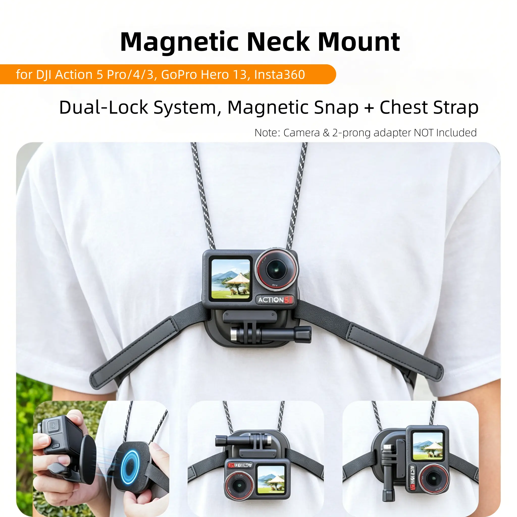 Magnetic Mount Camera Accessory - Foldable Silicone Neck Holder with Secure Magnet, Quick-Release Lock, Adjustable Chest Strap for DJI Action 6/5 Pro/4, GoPro Hero 13, Insta360 X5/X4 (Cycling, Running Use)
