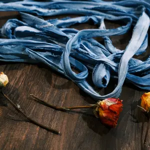 Handmade Coffee Tea Dye Blue Shibori Fabric Strips, Vintage Aged Art Journal Binding Material, Decorative Gift Tie Wrap