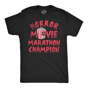 Mens Funny T Shirts Horror Movie Marathon Champion Sarcastic Halloween Tee for Men Mens Funny T Shirts Cool Vintage Fashion T-Shirt Gift Classic Menswear Halloween Apparel for Men Funny Movie Short Sleeve Black -