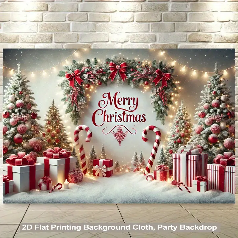1pc 152x92cm/59.8x36.2inch Elegant Red & Golden Self-Lit Christmas Wall Hanging Backdrop, 2D Flat Decor with Twinkling Effect, Snowy Branches & Candy Canes, Easy-to-Hang Home Office Winter Wonderland Ornament (Tapestry)