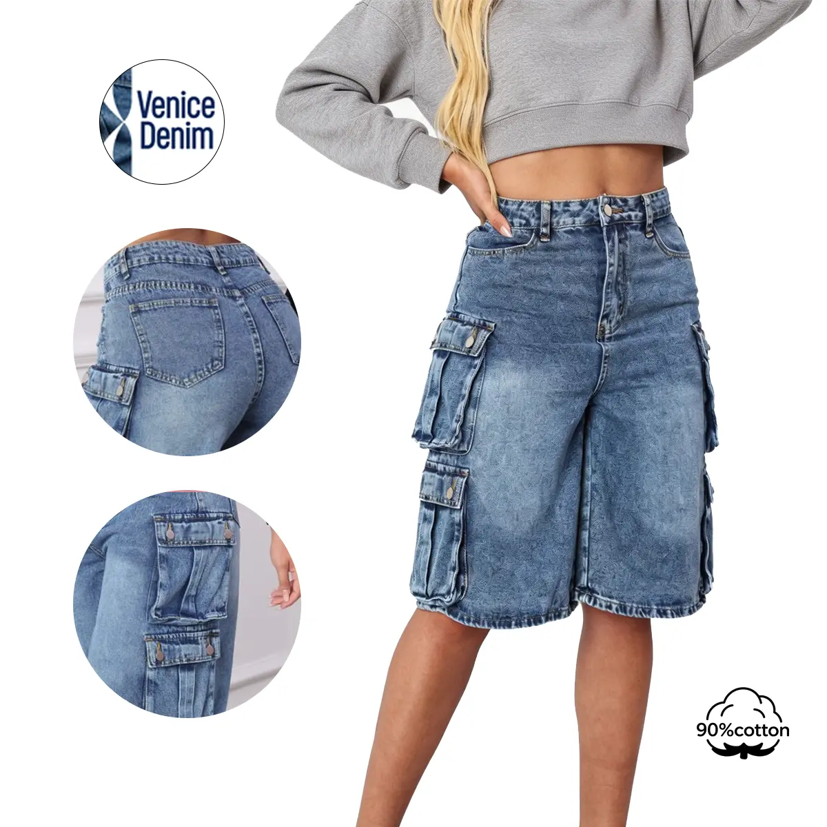 Women's High Waisted Denim Cargo Baggy Jean Shorts - Casual Comfy Viscose Fabric Beach Everyday Bottoms with Pockets, Wide Leg, Stylish Streetwear, Bleached Bermuda Jorts (Pair with Blouse), Modest