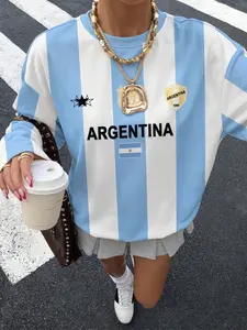 CHICWITHADRI Argentina Flag Graphic Long Sleeve Sweatshirt Top Blue Collar Black Striped Contrast Sleeves Retro Preppy Street Style Fashion Comfortable Fabric Autumn