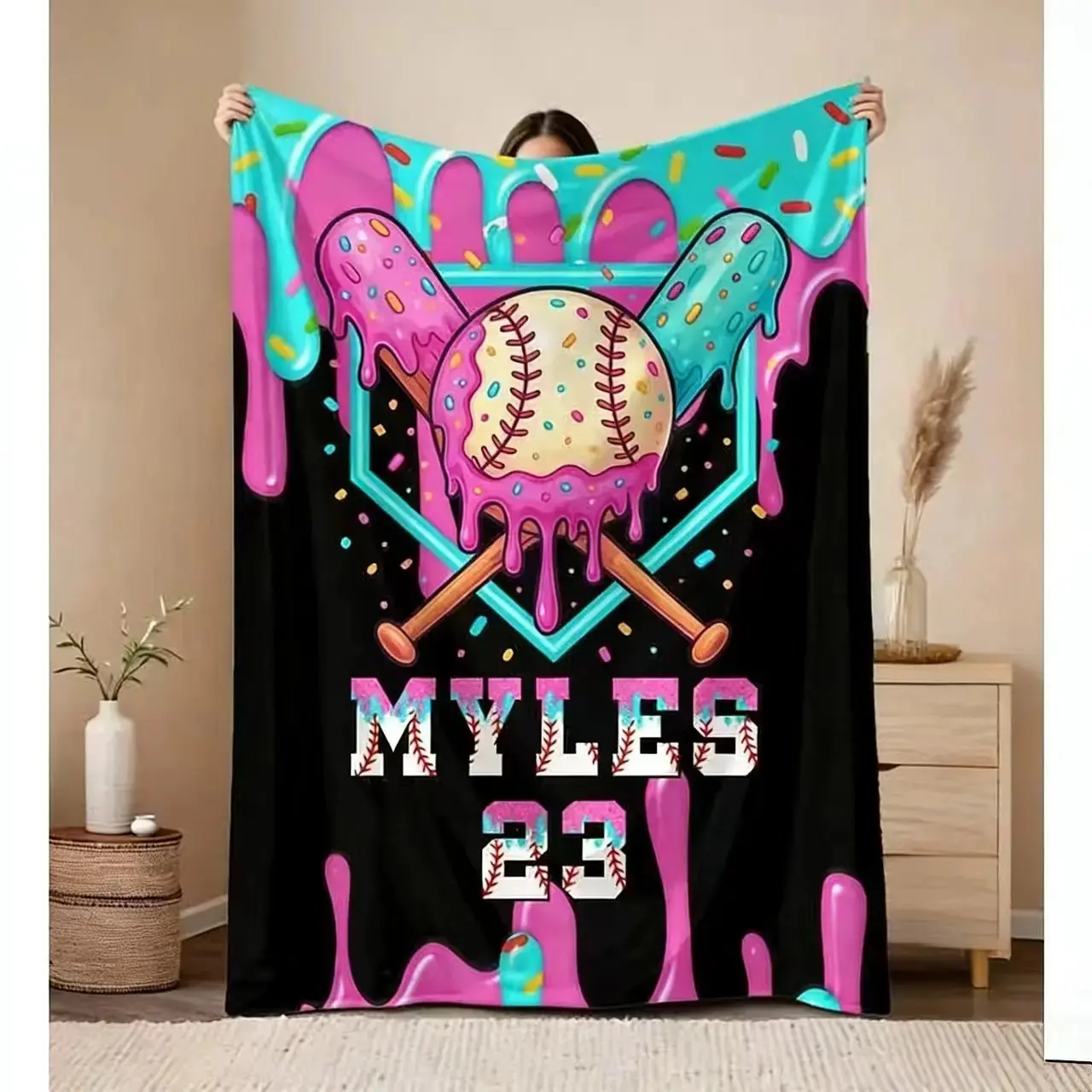 Customized Baseball Themed Flannel Blanket - Multiple Sizes, Vibrant Patterns, Ice Cream Design, Waffle-Shaped Background, Personalized Player Birthday Gift