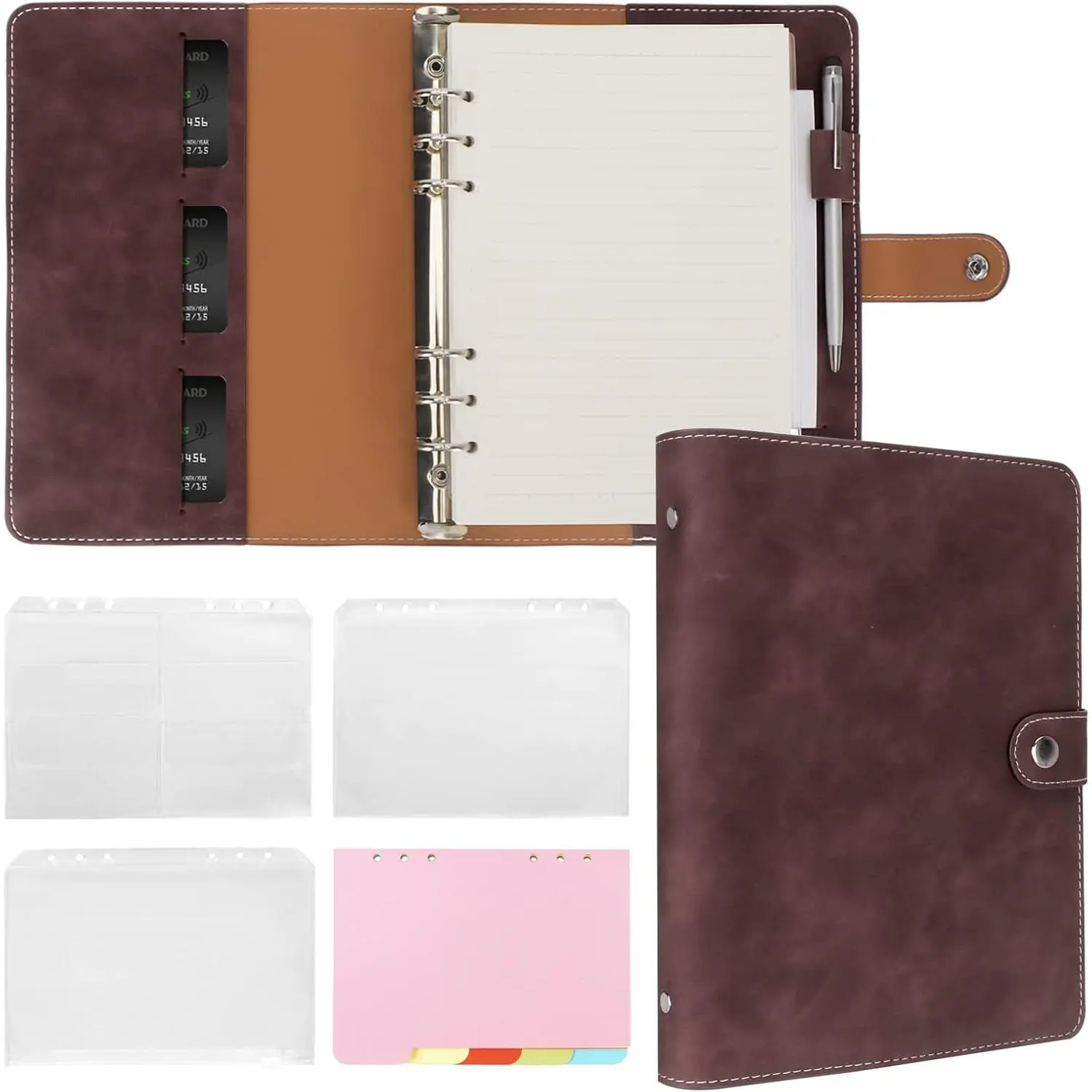 A5 Binder Refillable Planner Notebook 6 Ring PU Leather Binder Journal with Pockets, Dividers, Refill Paper Dark Brown