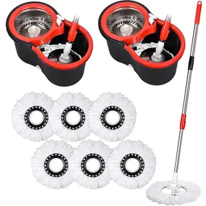 Mop and Bucket with Wringer Set, Spin Mop Bucket, 3 Microfiber Mop Refills, Adjustable Handle, Mop Floor Wet and Dry Use, Rubber Stainless