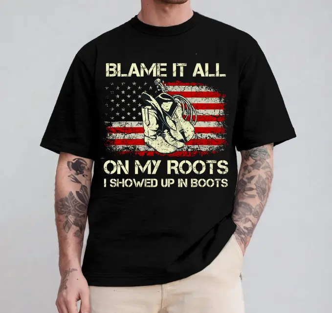 Blame It All On My Roots I Showed Up In Boots Retro USA Flag T-Shirt, country music T-shirt, Inspired by garthbrooks T-shirt, full sizes, full colors, for men, for women