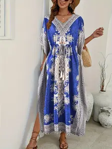 Women's Boho V-Neck Dress, Long Robe Style, Batwing Sleeves, Waist Tie, Fringe Detail, Beach Vacation Wear, All Seasons