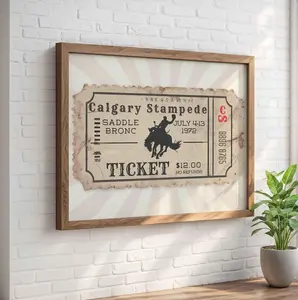[UNFRAMED POSTER] Vintage Rodeo Poster, Retro Calgary Stampede Ticket, Western Cowboy Print, Rodeo Bronc Rider, Bar Cart Decor, Physical Wall art for him