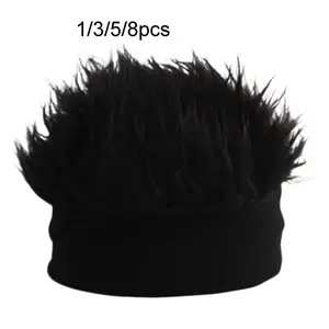 Men's Personalized Knit Beanie Hat with Fake Hair, Novelty Wig Cap, Fashionable Brimless Cap, Party Cosplay Accessory, Sporty Prank Wig Cap, Custom Hat