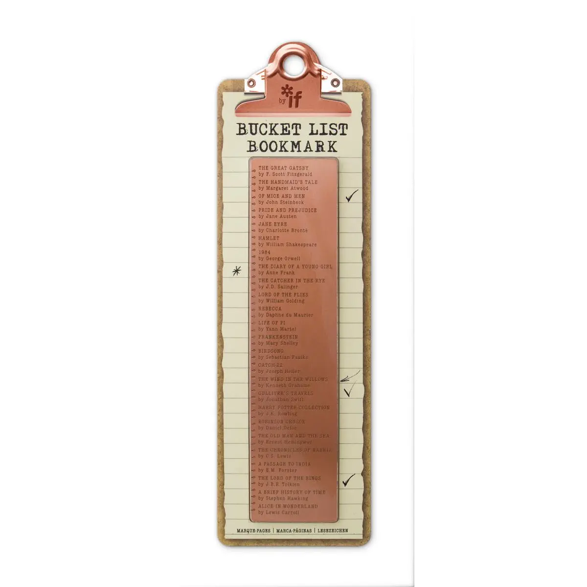 IF Copper Etched Bucket List Bookmark, Office Stationery Gift for Adults, with Contemporary Clipboard Packaging & Classic Novel Titles, Etched Bookmark