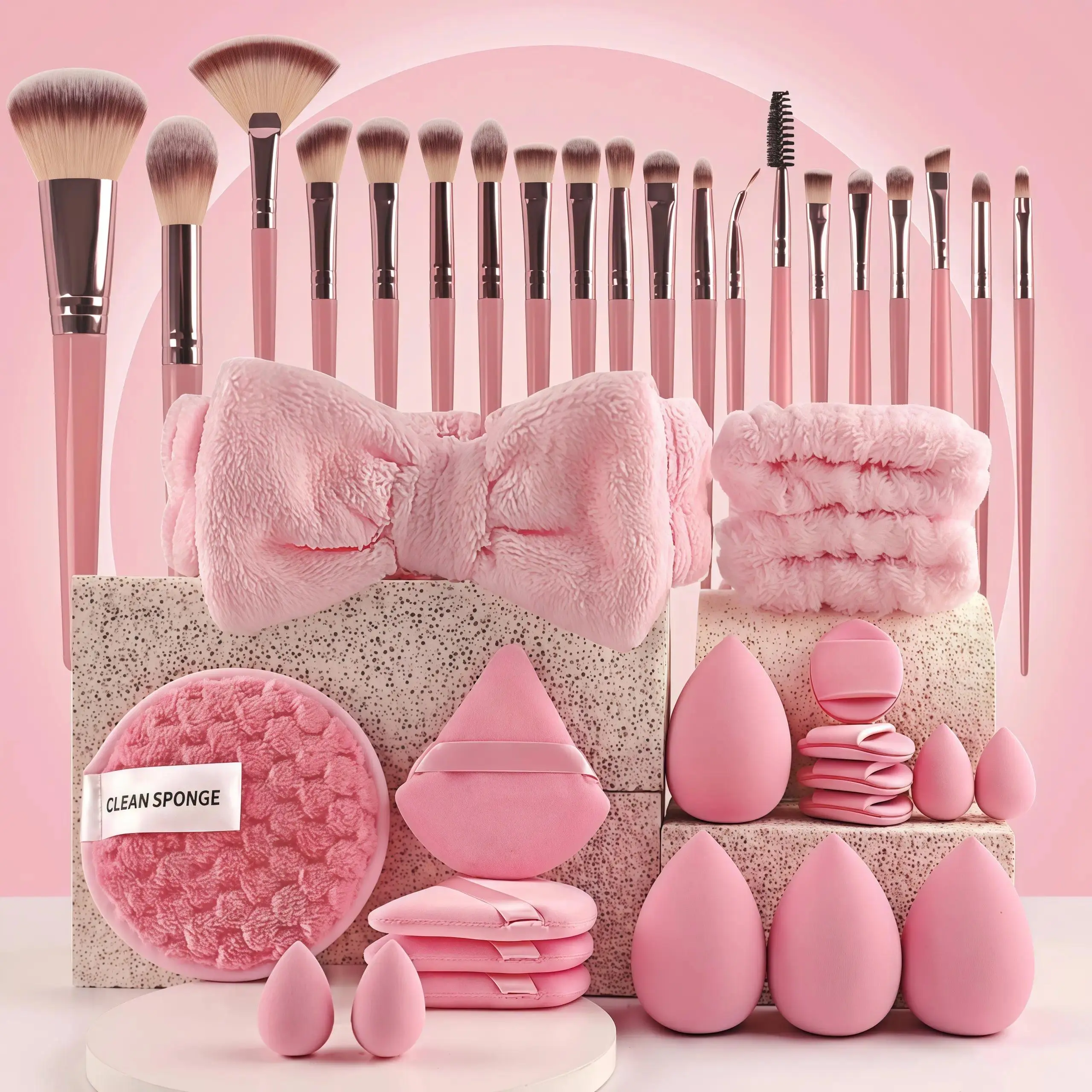 Women's 40-Pcs Flawless Makeup Brush Set with Beauty Sponges & Headband - All-in-1 Professional Makeup Tools Kit (Pink/Lilac/Mocha) for Home Organization Use