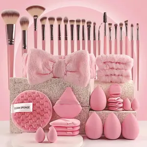 40Pcs Makeup Brush Set with Beauty Sponges and Headband, All-in-One Professional Makeup Tools Kit (Pink/Lilac/Mocha) for Women Girls