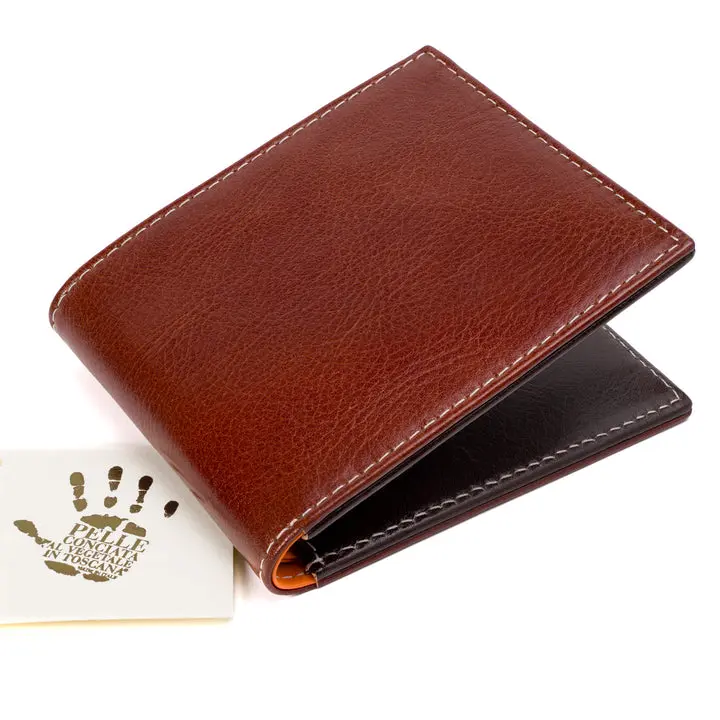 PEGAI Malcolm Italian Veg-Tan Rum & Dark Brown Leather Wallet with 6 Card Slots & Ibiza Orange Lining for Men