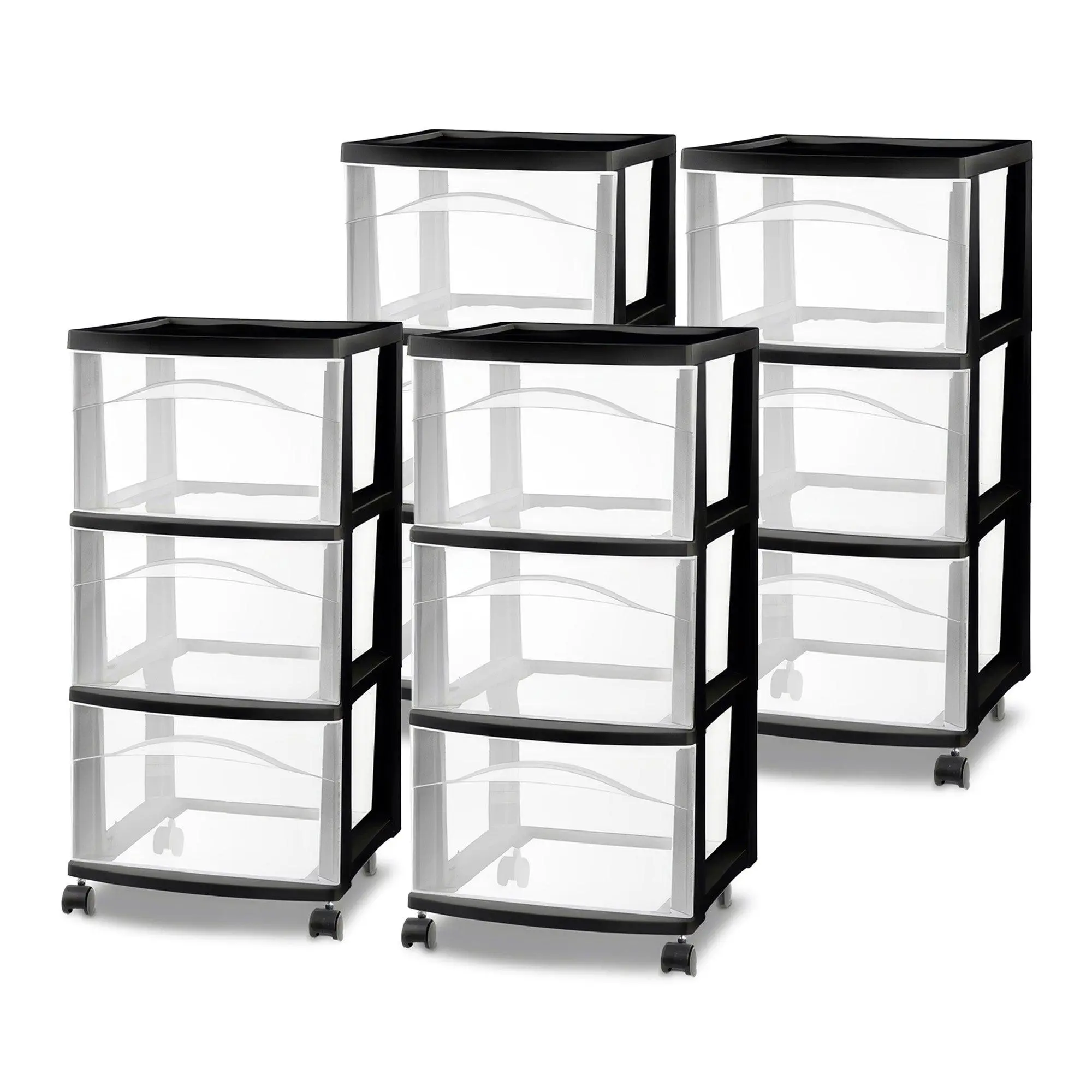 Sterilite 3 Drawer Storage Cart, Plastic Rolling Medium Organizer, Black, 4 Pack