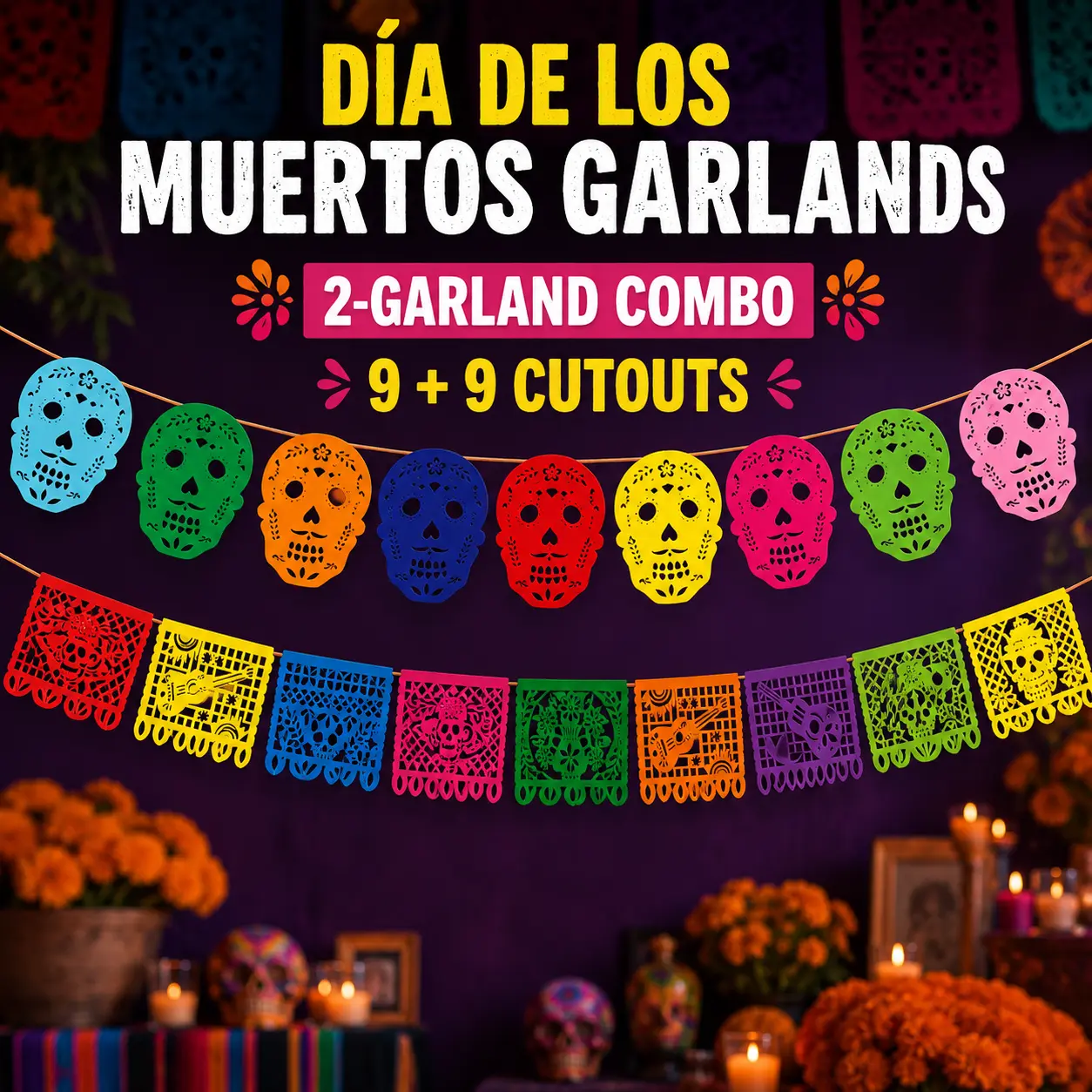 Día de los Muertos Garland Set, 2-Pack 18-Piece Colorful Sugar Skull & Papel Picado Banner, Mexican Day of the Dead Party Decorations, Nonwoven Hanging Décor for Ofrenda, Fiesta, Halloween Home Decor