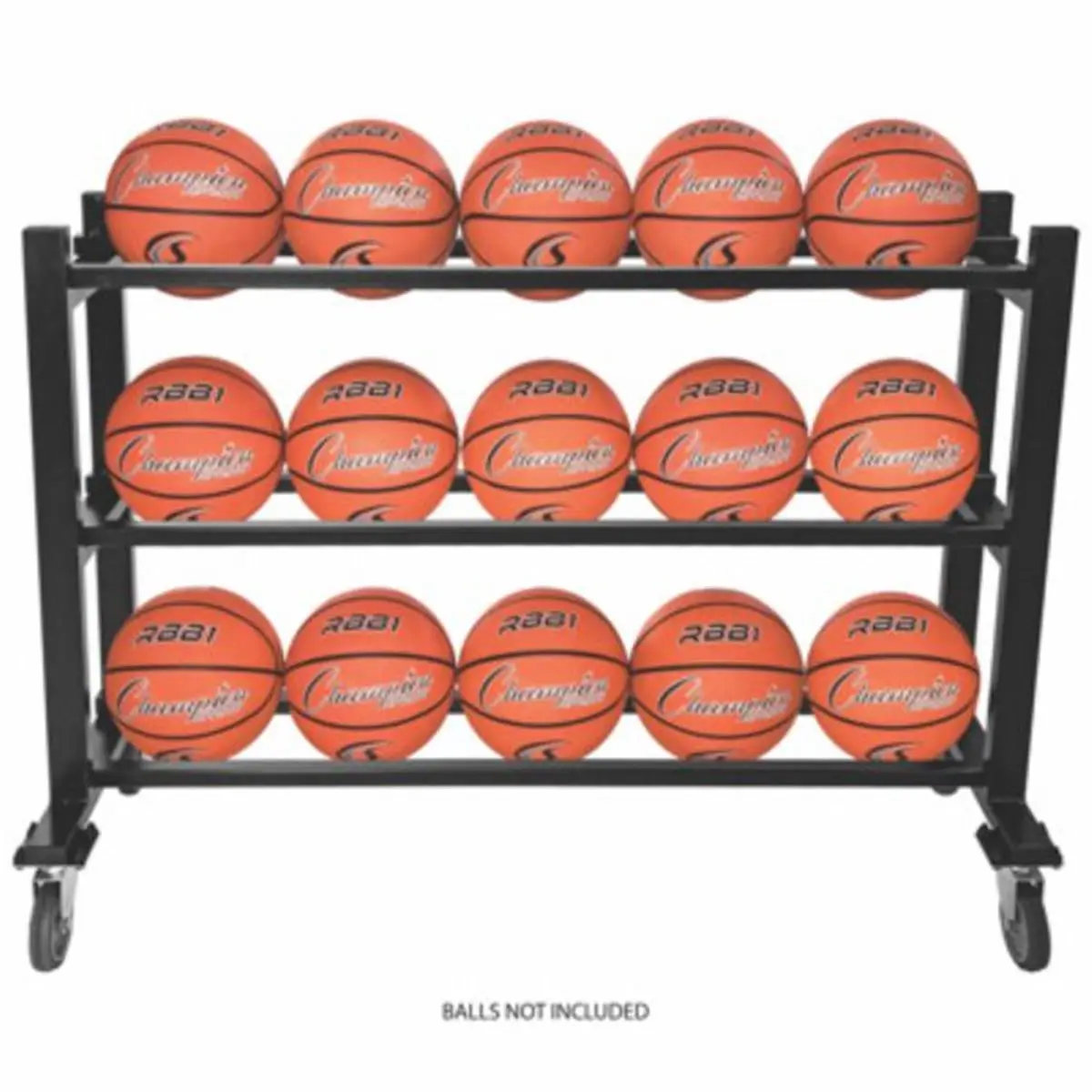 CHAMPION Heavy-Duty Steel Ball Cart, 3-Tier Ball Storage Organiser for Gyms, Holds 15 Official Size Basketballs, 4 Locking Swivel Casters, 49 lbs, 50 x 16 x 34 in, Gym, 3 Tier Design, Steel Frame