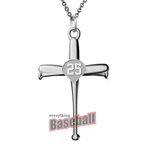 Everything Baseball Sports Jewelry Gift - Stainless Steel Baseball Bat Cross Pendant 20" Necklace with Custom Sports Number
