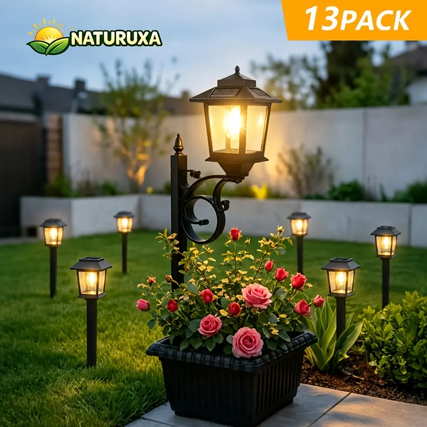 7-piece/13-piece (1 set) outdoor solar light set, including path lights and flower pot lights, IP65 waterproof, garden lighting combination, standalone solar lights for courtyards (with flower pots), ground-mounted lights,