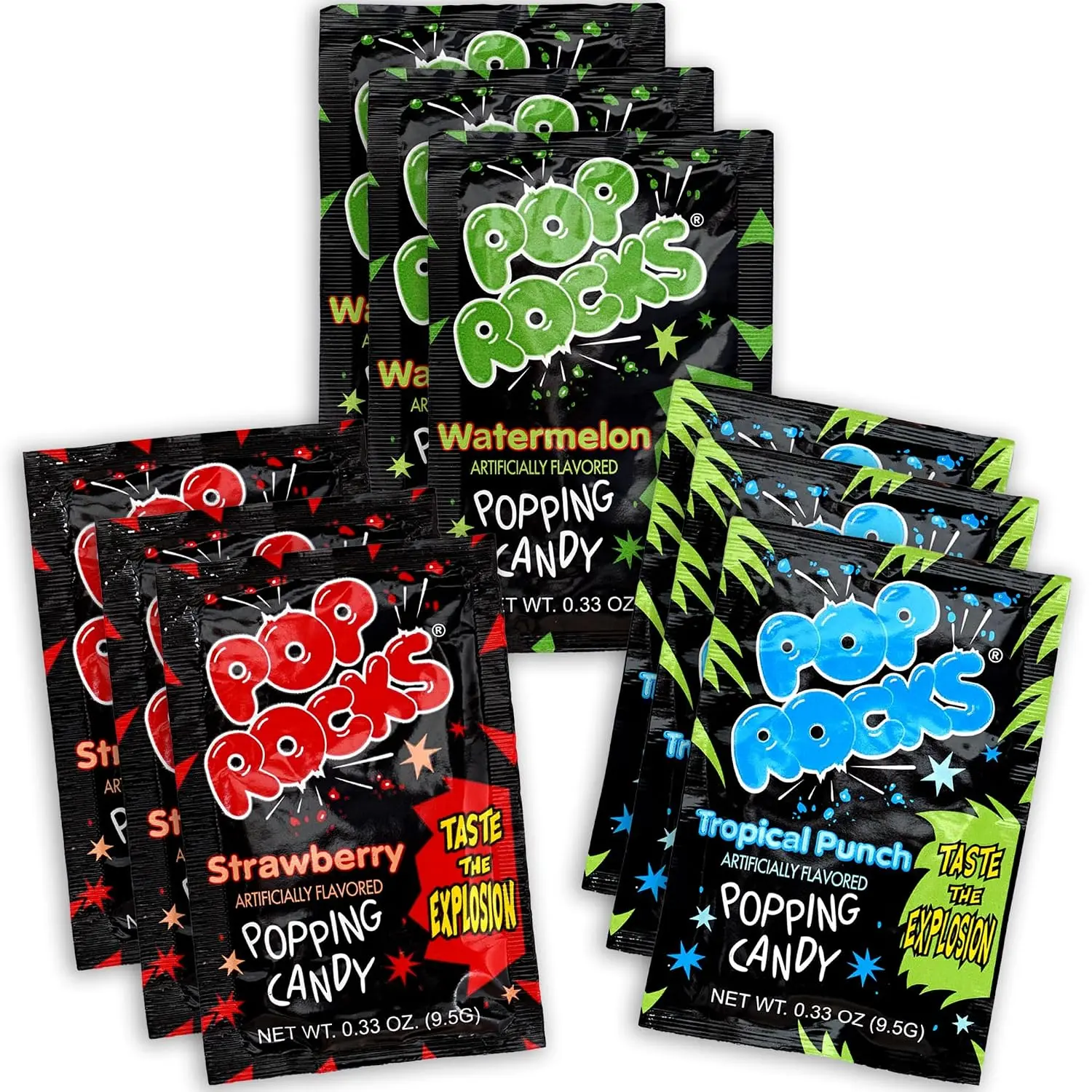 Pop Rocks Candy 9 Pack, 3 Flavors of Each - Watermelon, Strawberry, Tropical Punch