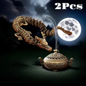 2 Brass Flying Dragon Incense Burners - Functional Art With Lifelike Design For Living Room, Study, Meditation Space & Yoga Decor - Good Luck Symbols For Aromatic Home, Festival Gift & Collection Scented Perfume Fragrance