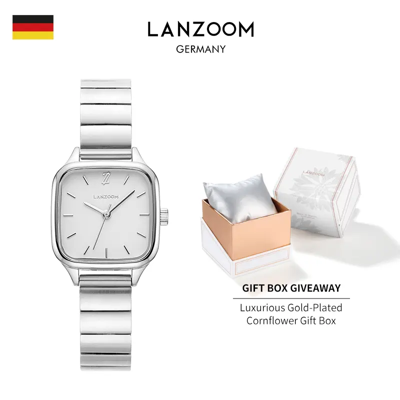 LANZOOM Women's Petite Silver Square Analog Quartz Watch, 26mm Minimalist Gender-Neutral Timepiece, <30M Water Resistant