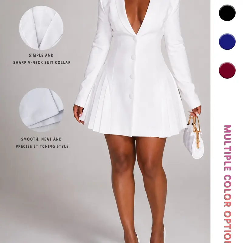 Women's Solid Color V Neck Pleated Button Dress, Casual Fitted Long Sleeve Dress for Spring, Casual Fashionable Dress, Ladies Clothes for Daily Wear, Womenswear, Style