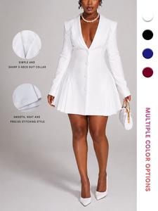 women's solid color v neck pleated dress, casual long sleeve dress for spring, ladies clothes for daily wear
