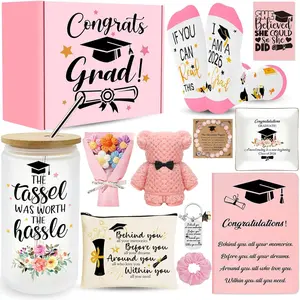 12 Pieces 2026 Graduation Gift Box Set, Class of 2026 Graduation Gift Basket with 16 Oz Glass, Socks, Bear Towel, Journal Notebook, Makeup Bag, Bracelet, Keychain for High School College Gifts