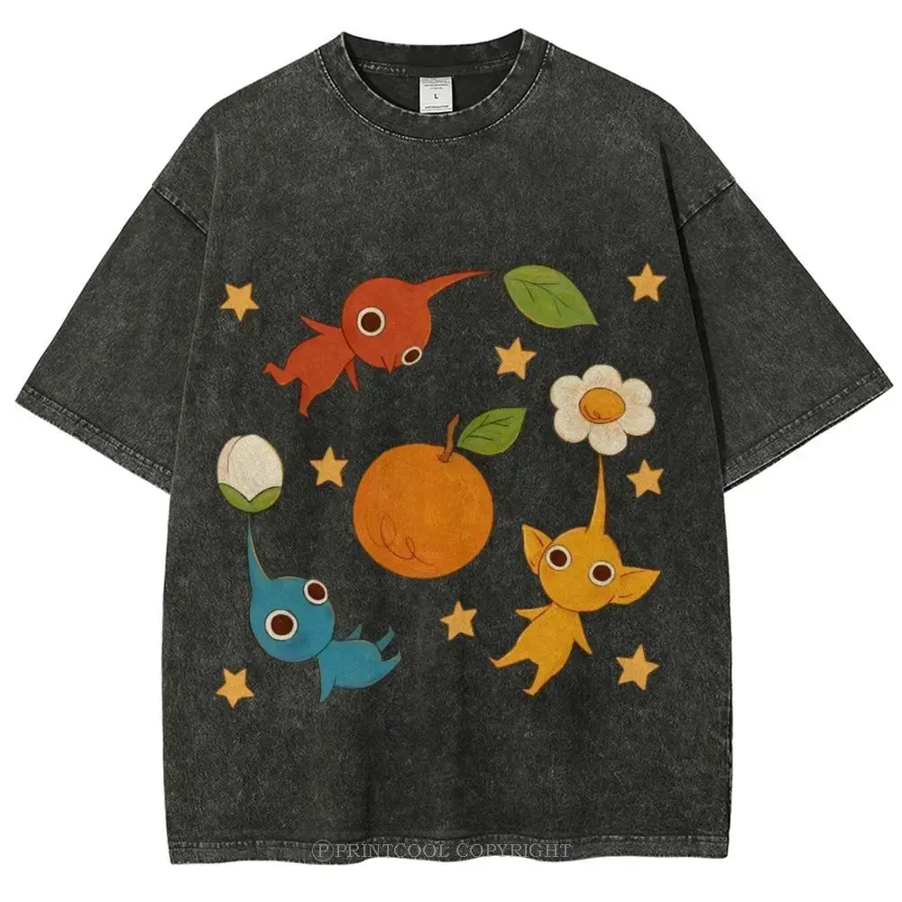Cute Characters Unisex Vintage Washed Tee – Unisex Vintage Washed Tee, Vintage Coloful Tee - Oversized Shirt - Unisex Streetwear Casual Tropical