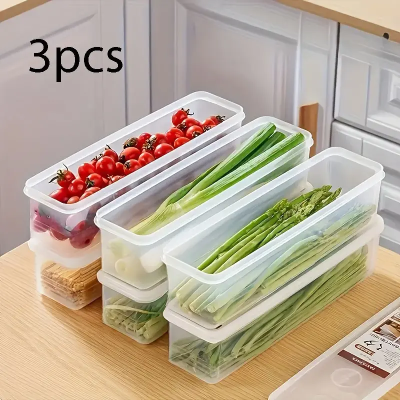 3-Piece Transparent Clear Rectangular Food Storage Containers with Lids, Kitchen Organizer, Food-Grade PP Material, Ideal for Noodles, Herbs, Onions, Pasta, Produce Containers