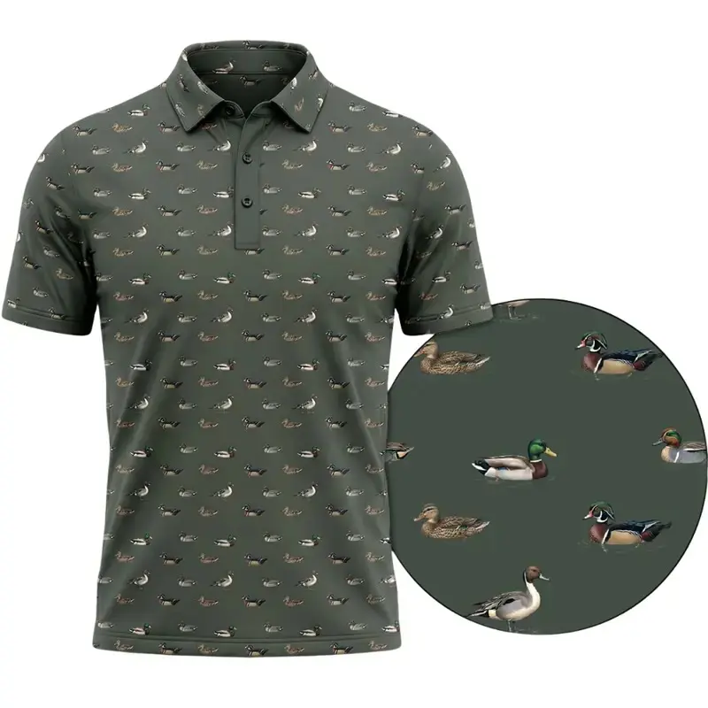 Duck Hunting Print Men’s Polo Shirt, Personalized Textured Piqué 3-Button All-Season Apparel