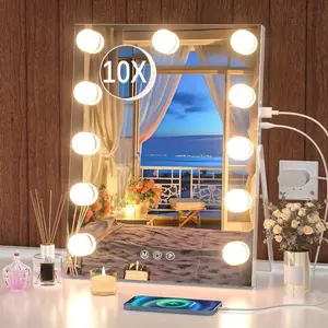 New Hasipu Vanity Mirror with Lights 11" x 14" Hollywood Mirror Makeup Mirror with 11 Dimmable Bulbs and 10X Magnification 3 Colors Modes Touch Control USB Charging Port White Decor Glass