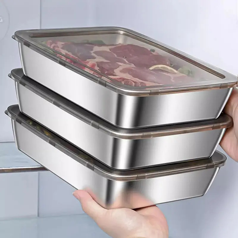 Thickened Antibacterial Square Stainless Steel Tray with Lid, Sealable Container, Food Grade BBQ Plate, Home Kitchen Use Food Storage Containers, Food Prep Containers, Reusable Containers, Dishwasher Safe, Durable and Easy Clean