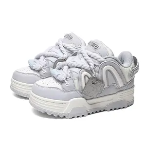 Q-AND 2025 New Light Grey Chunky Sneakers for Men & Women, Grey White Platform Skate Shoes, Thick Rope Lace Casual Streetwear Sneakers, Breathable Mesh Couple Shoes, Non-Slip Thick Sole Unisex Shoes Size 36-44 Fashion Couple Sneakers