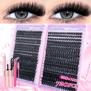 720PCS-30D40D60D80D100D Self-Eyelash Extension Kit, Fluffy Eyelashes Cluster, Cluster Design with D-Curvature 9-18mm Mixed Lengths, Natural Density, Easy to Use, Reusable