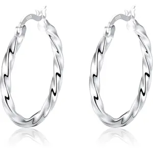 FINREZIO 1 Pair Silvery Classic Twisted Hoop Earrings for Women Men Hypoallergenic Large Oval Hoop 925 Sterling Silver Earrings with Click-Top Closure Lightweight Dainty Twisted  Hoops Safe for Sensitive Skin Perfect for Daily Wear Party Gift Giving