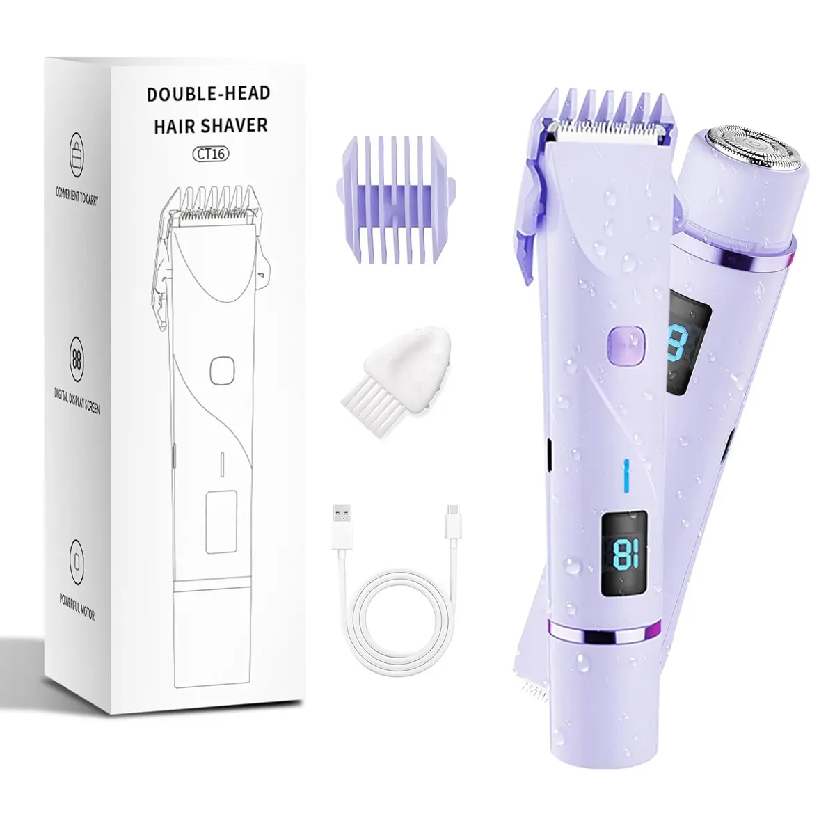 Bikini Trimmer for Women,Dual Head Electric Shaver with Hypoallergenic Ceramic Blades, Bikini Razors with Cordless USB Rechargeable Led Display,for Armpit Leg Body Facial Wet Dry Use,