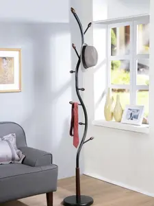 Arles Metal Black Walnut Standing Coat Rack with 9 Hooks Modern Design 11 Inch Width 11 Inch Depth 74.8 Inch Height Stable Wood Hook Ends Durable Coat Stand Entryway Hallway Organizer Stylish Storage Rack for Hats Bags Umbrellas