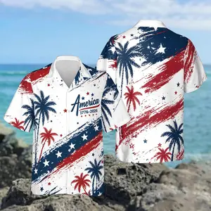 USA 250th Anniversary Hawaiian Shirt, 1776-2026 Patriotic Palm Tree Aloha T-Shirt, USA Semiquincentennial Button Down Gift