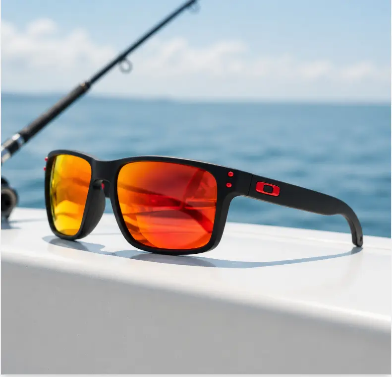 Holbrook Men’s Sunglasses, Matte Black Square Frame with Red Orange Mirrored Lenses, Fishing Boating Driving Outdoor Shades