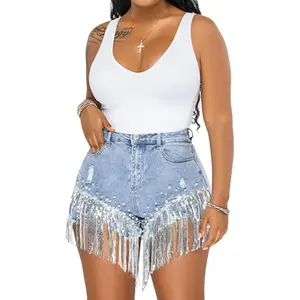Women's High Waisted Denim Shorts with Silver Sequin Fringe and Pearl Beading Distressed Frayed Hem Jean Shorts Clubwear Festival Party Outfits Cowgirl Style Fabric