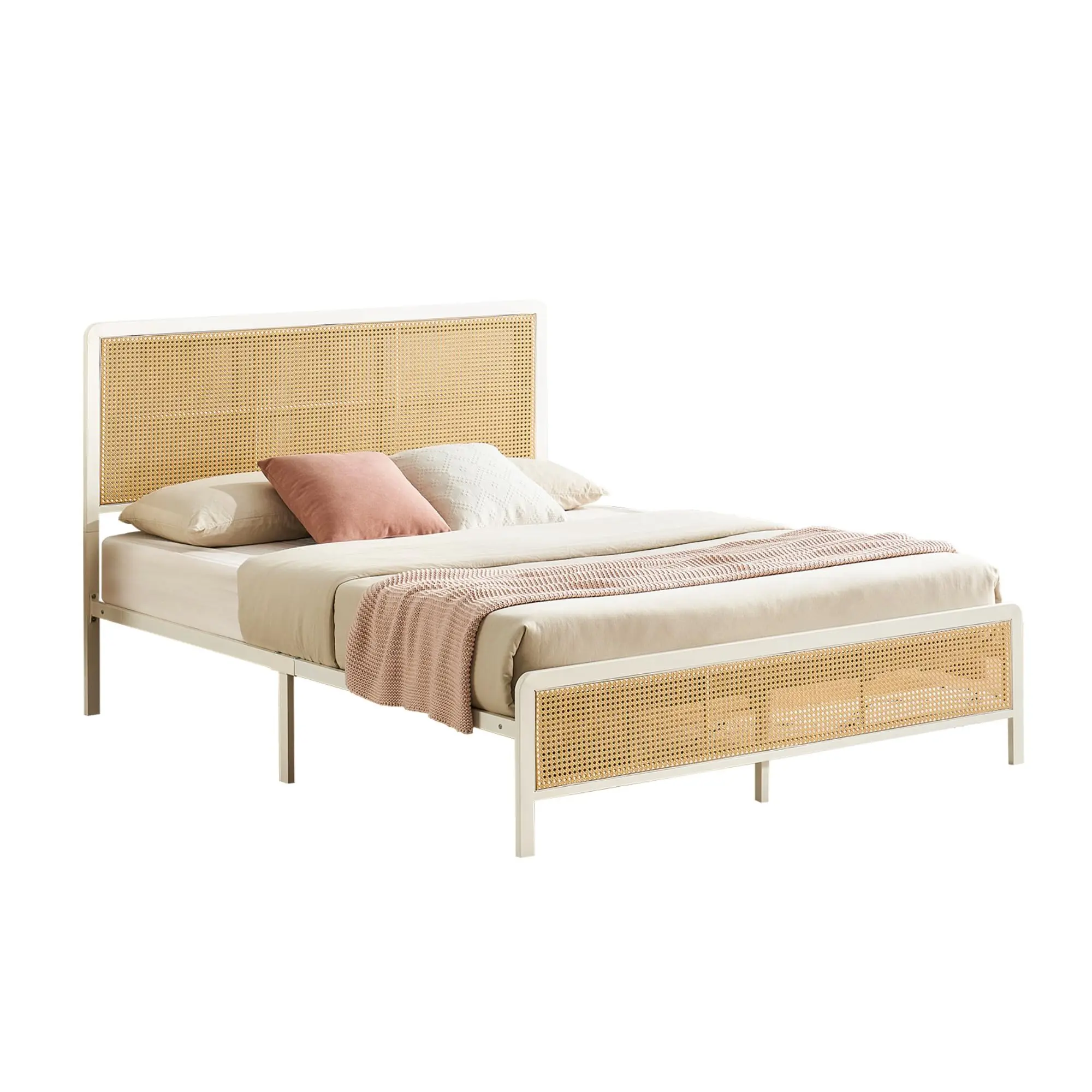 Garvee Bed Frame with Rattan, Iron Bed Frame with Under Bed Storage Space, Metal Platform Bed with Headboard and Footboard, Easy Assembly, No Box Spring Needed, Noise Free
