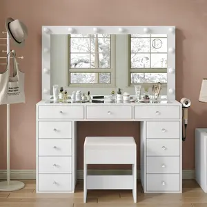 FUSOU 47"W 11 Drawer Vanity Desk with Power Outlet, Makeup Vanity with Mirror and 12 LED Lights, 3 Lighting Modes, Vanity Table with Chair, Glass Top, Dressing Table for Bedroom,Dressing Room,SummerVibe