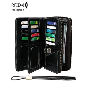 Lucky Star Women's Vintage high quality Leather Long Wallet with Wristband, Multi-card Slot Long Clutch Purse with Flower Buckle, RFID Blocking Long Wallet for Daily Use